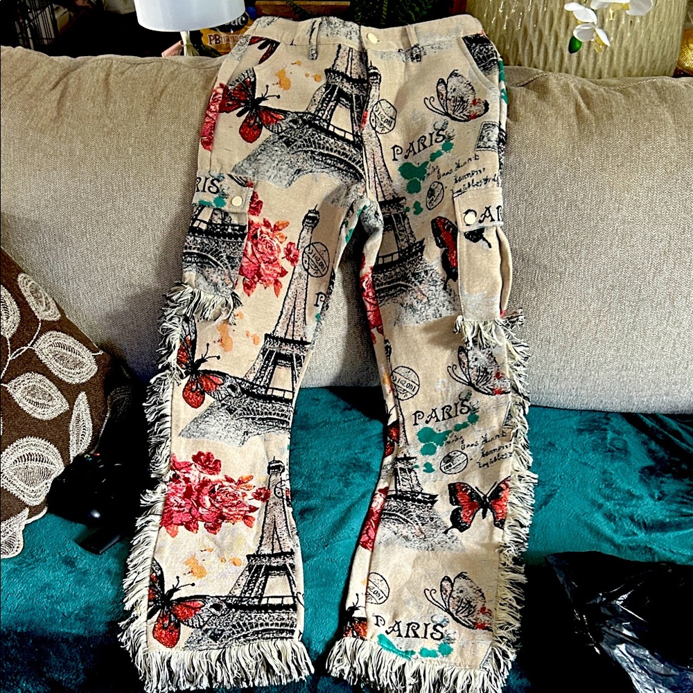 Fringed Paris Print Pants